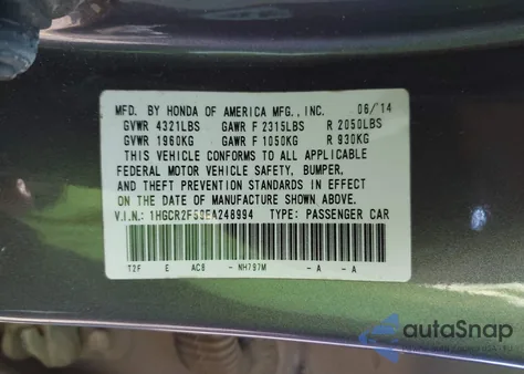 2014 Honda Accord Sport z USA, uszkodzony, nr VIN 1HGCR2F59EA248994